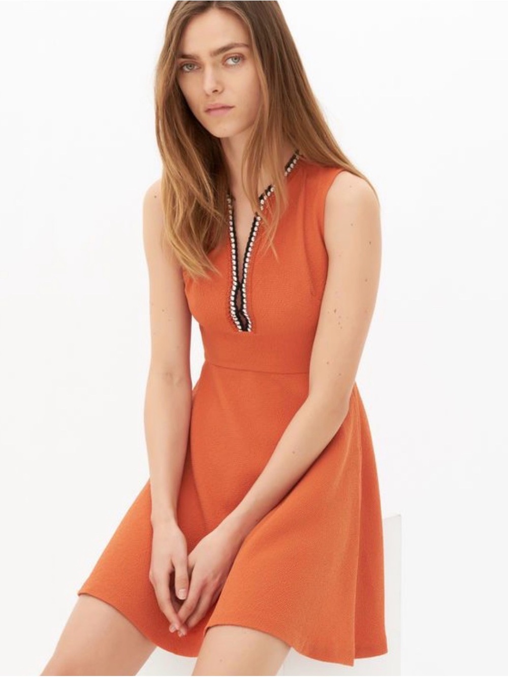 Sandro paris Sleeveless Orange Fit & Flare Dress with Beaded Trim size 3 usa S
